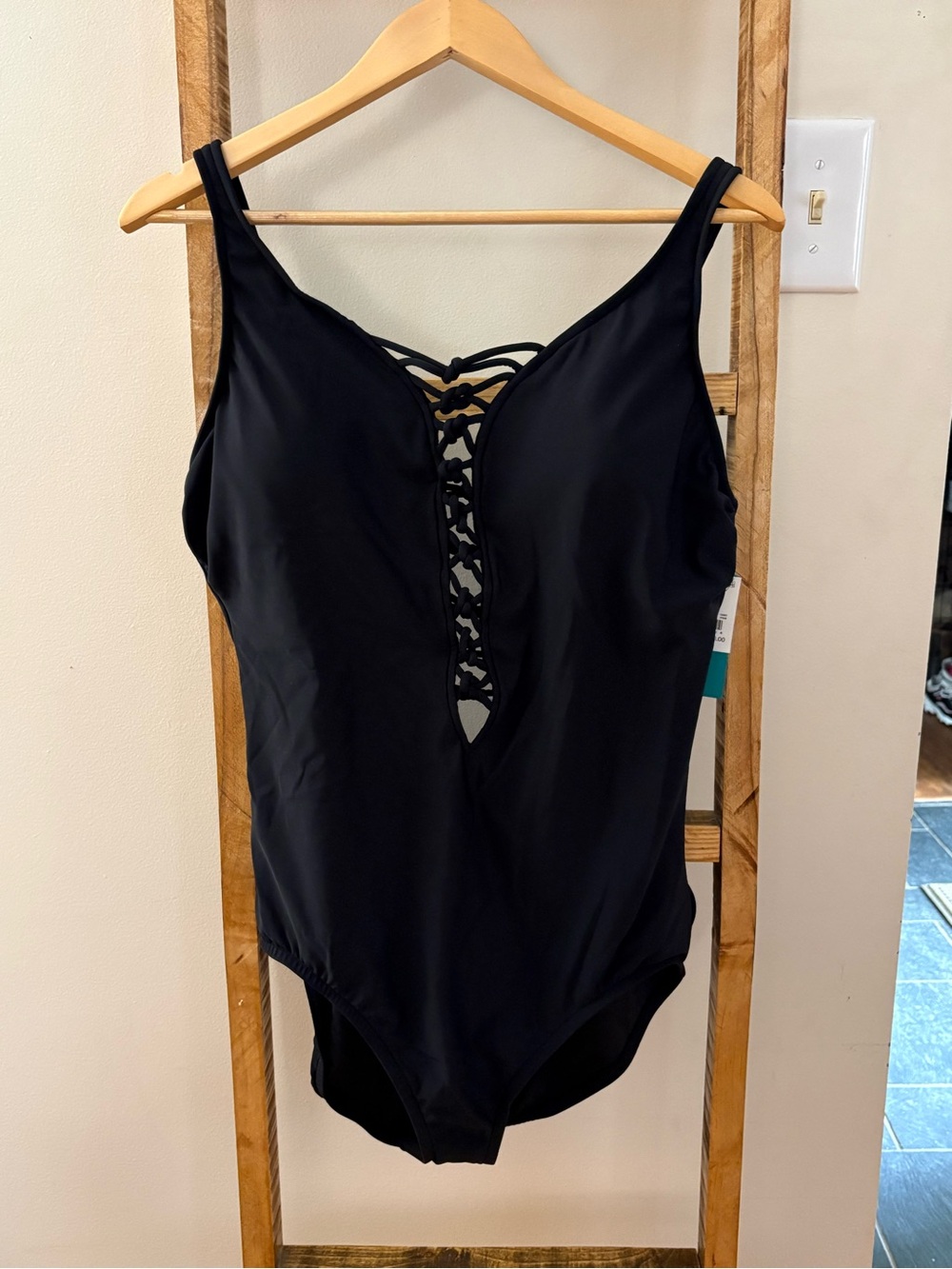 NWT Aqua Green Black One-Piece Swimsuit with Front and Back Laced Knot Detail